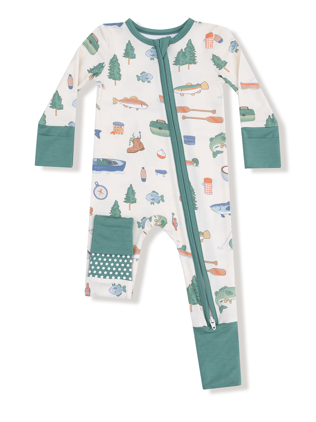 Kid's zip-up onesie with nature-themed patterns including fish, trees, and camping gear, featuring green accents.