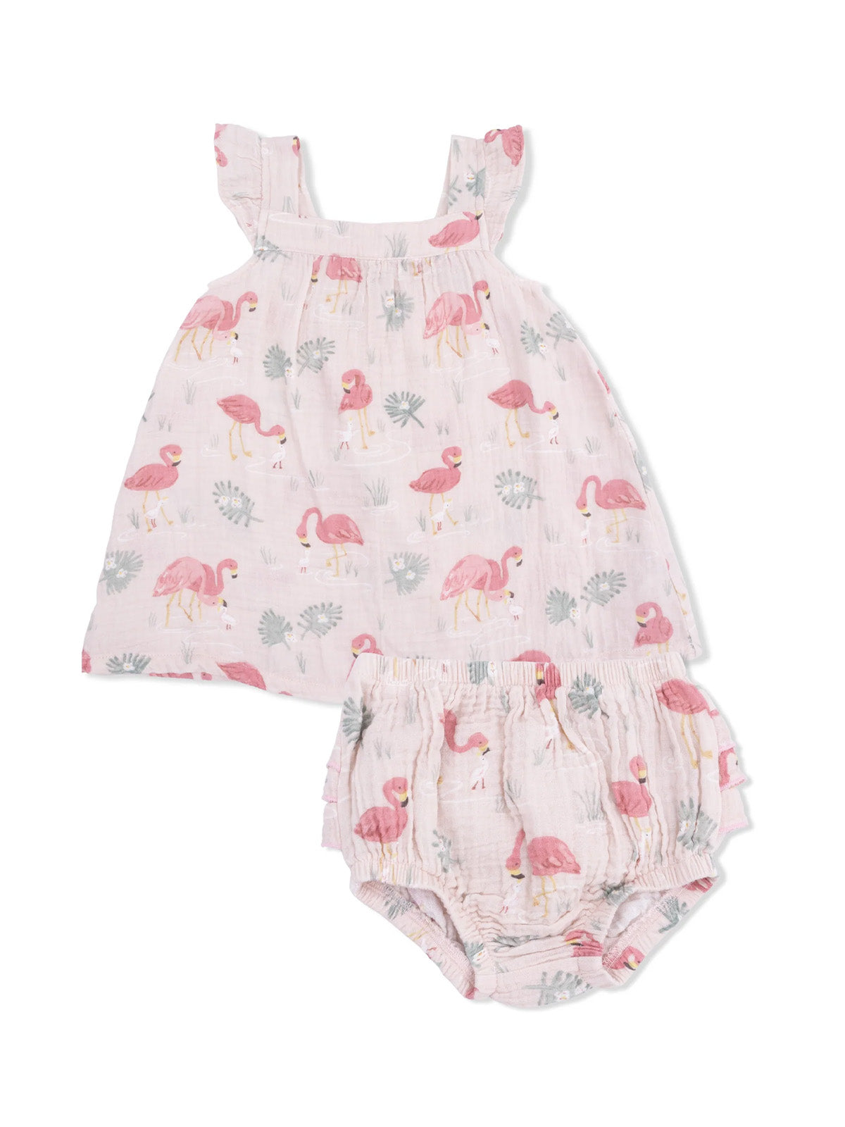 Flamingo-patterned baby outfit featuring a ruffled top and matching bloomer shorts.