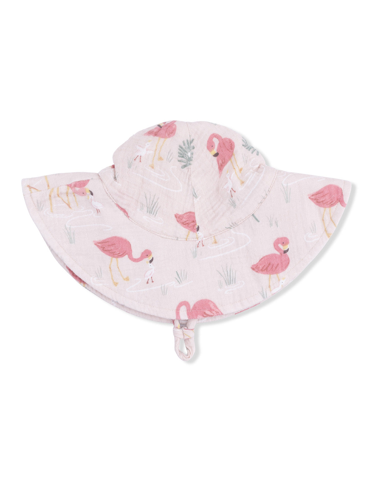 Pink sun hat with flamingo patterns, featuring a wide brim and a chin strap for secure fit.