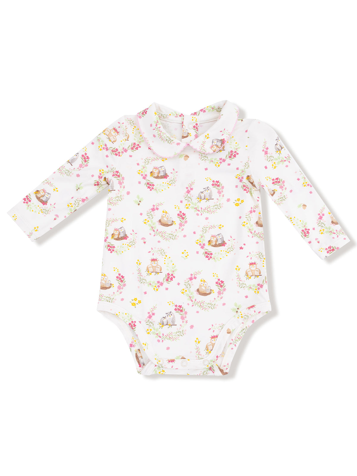 Long-sleeve baby bodysuit with floral pattern and animal prints, featuring a classic collar design.