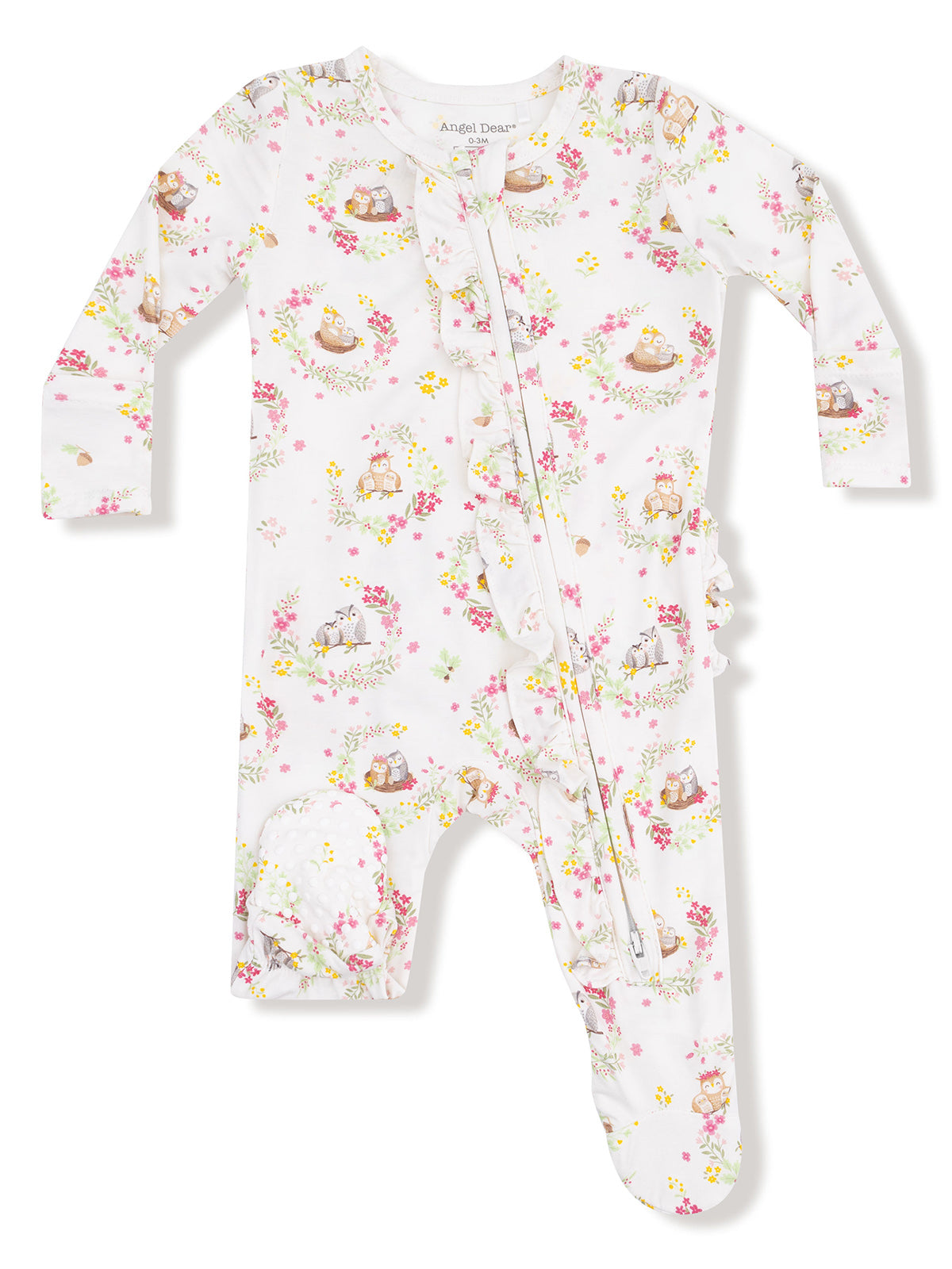 White baby onesie with owl and floral print, featuring ruffles and front zipper closure. Ideal for infants.