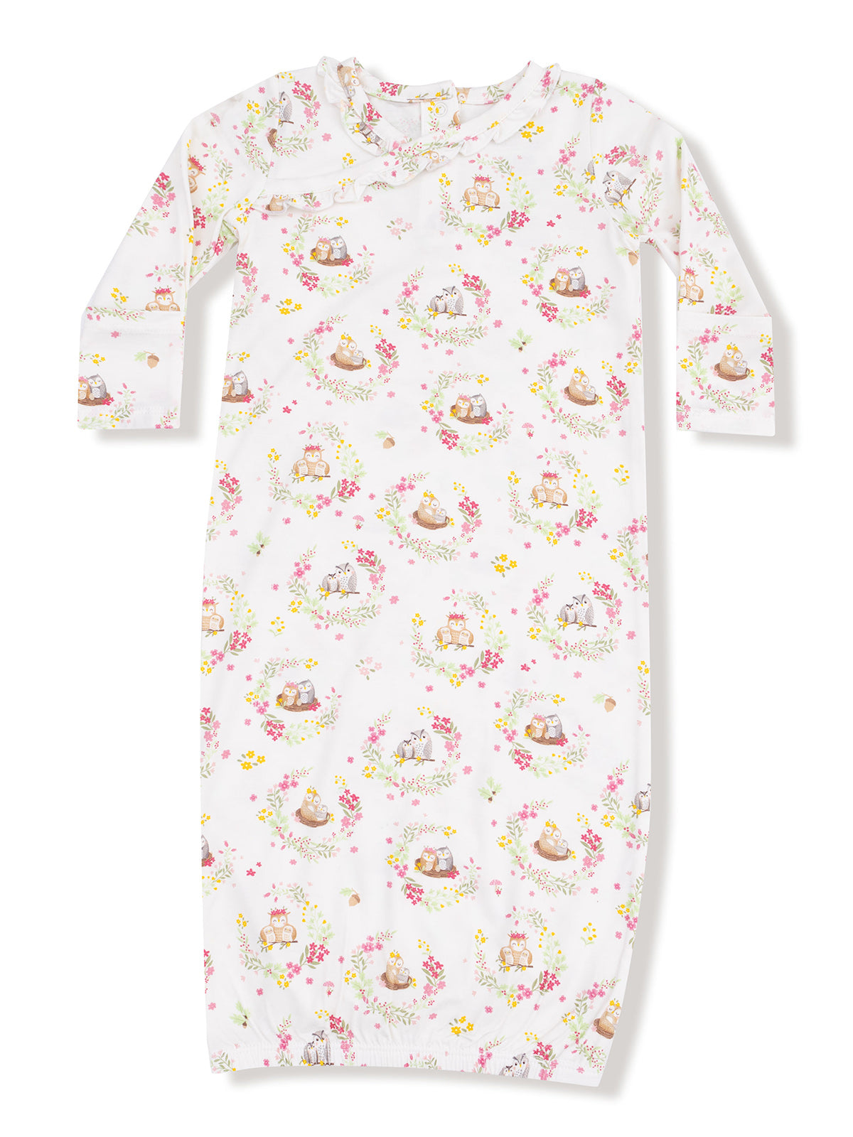 Girls' long-sleeve nightgown featuring a whimsical animal and floral print on a soft white background.