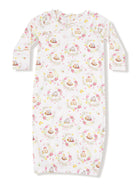 Girls' long-sleeve nightgown featuring a whimsical animal and floral print on a soft white background.