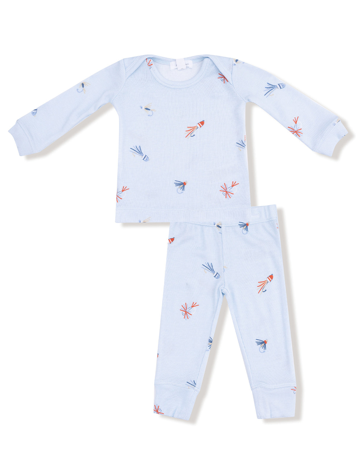Light blue toddler pajamas with whimsical fish and seaweed patterns, including a long-sleeve top and pants.