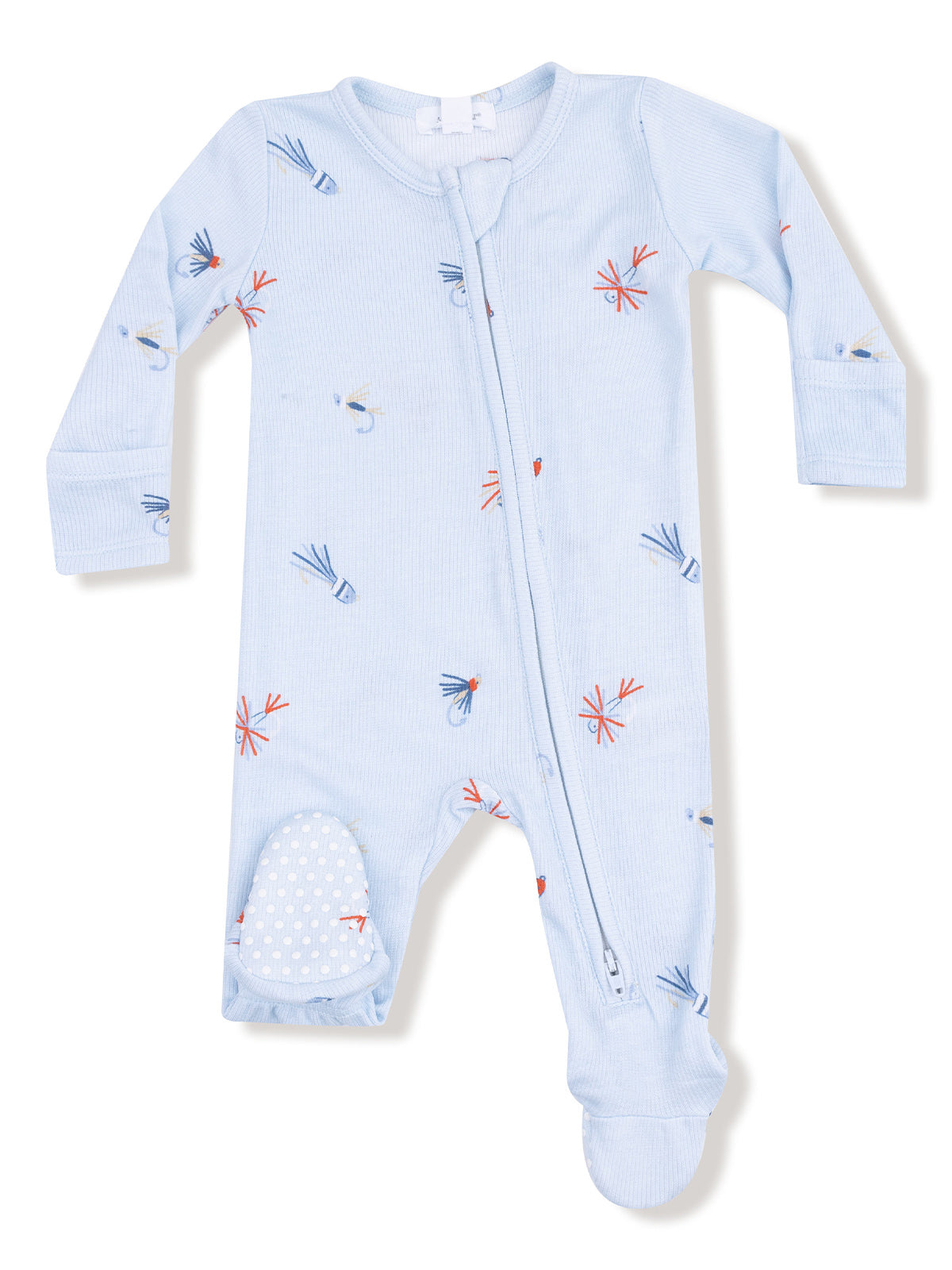 Light blue baby onesie with colorful fish patterns and a front zipper closure. Ideal for comfort and style.