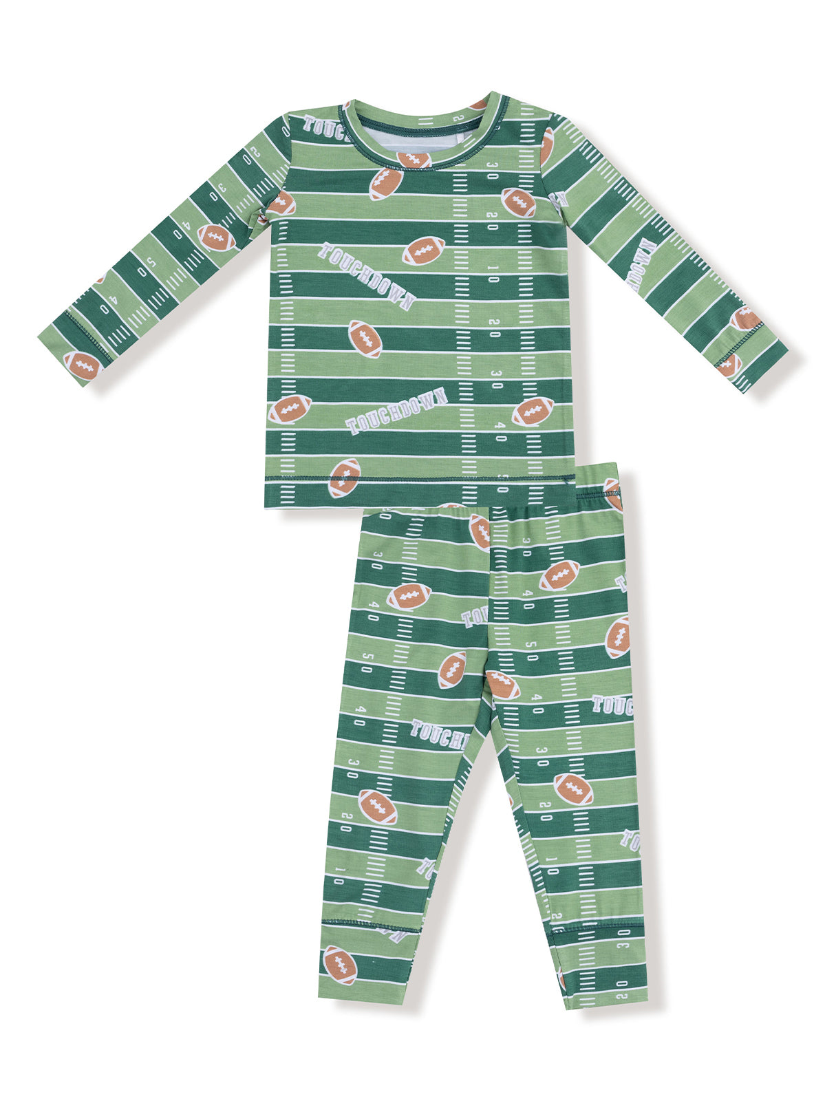 Green football-themed pajamas featuring a long-sleeve top and matching pants with playful graphics.