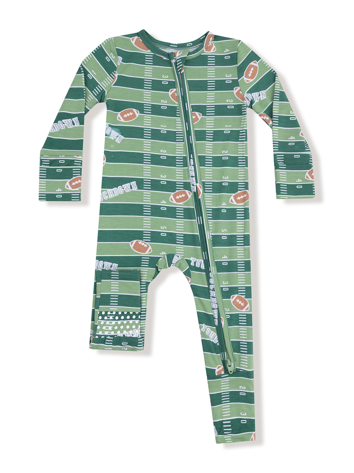 Green football-themed one-piece pajama with a front zipper and long sleeves, featuring field lines and footballs.