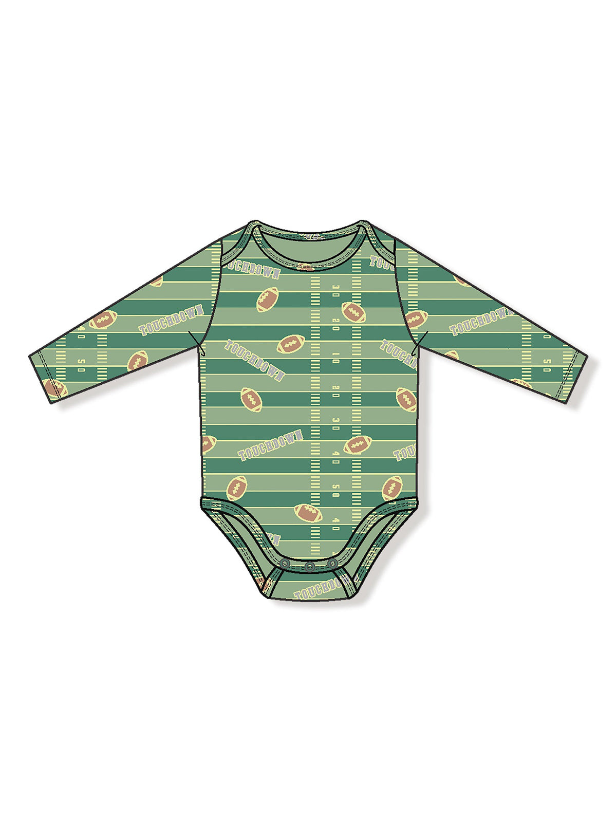 Green long-sleeve onesie with a football field pattern and "Touchdown" text. Ideal for football fans.