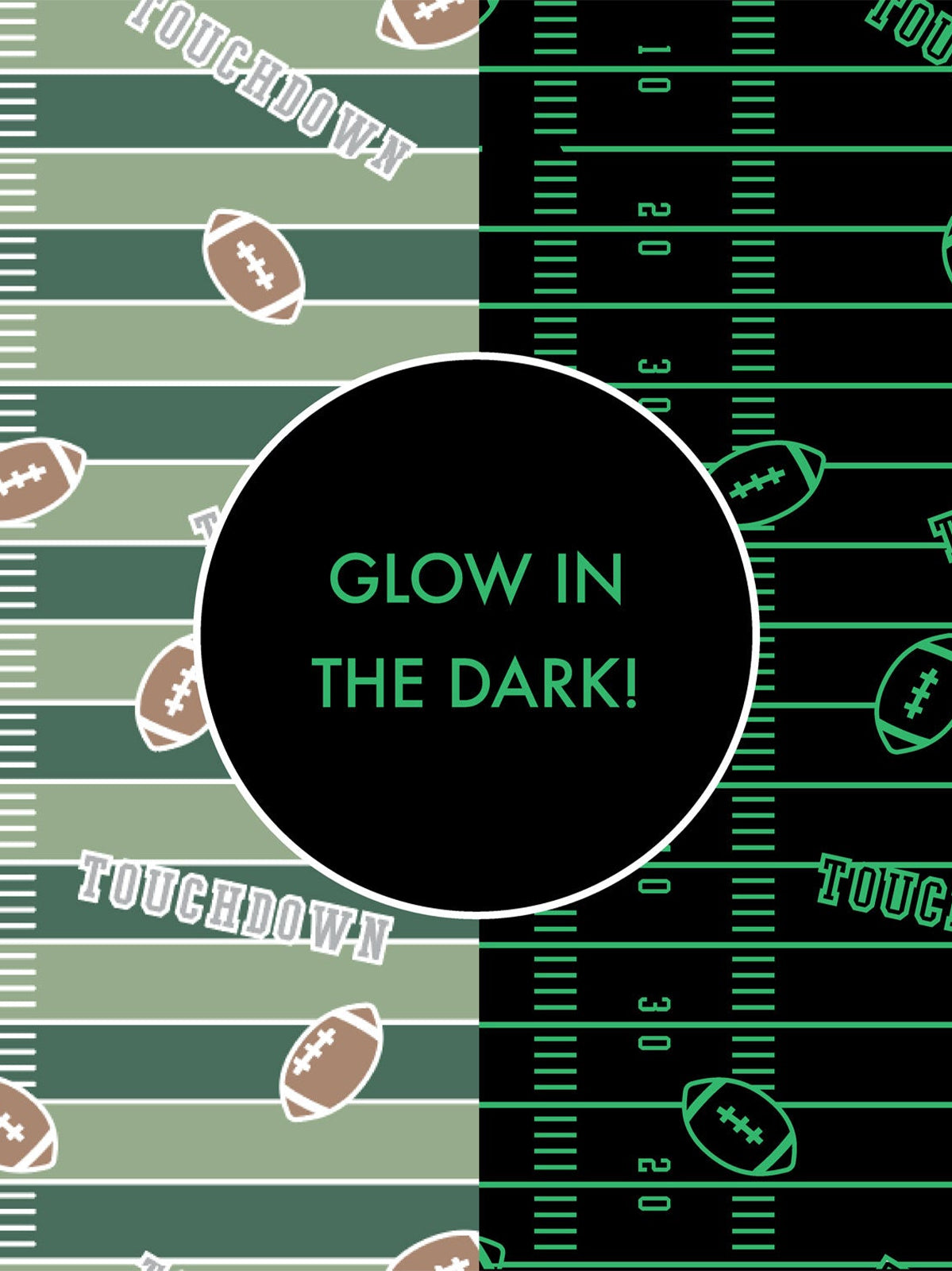 Football-themed graphic featuring "Glow in the Dark!" text on a split field design.