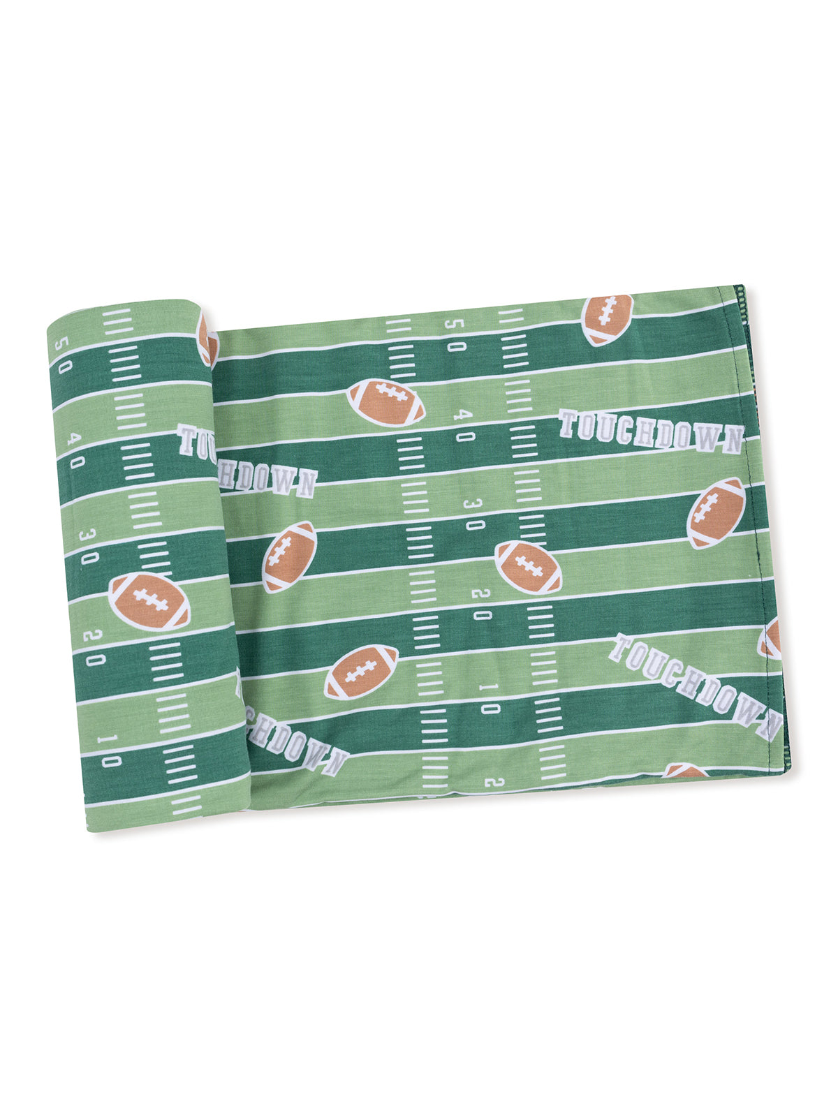 Fabric with a football field pattern, featuring yard lines and scattered footballs, labeled "TOUCHDOWN."