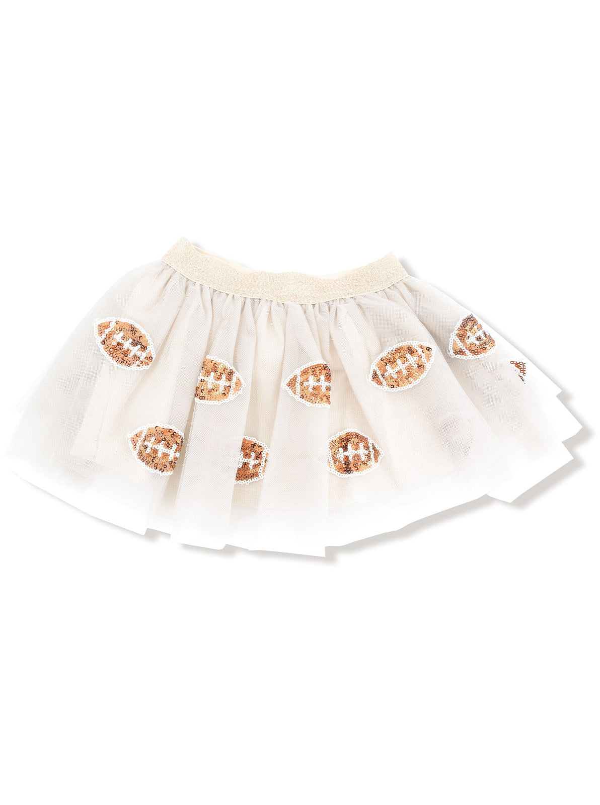 White tulle skirt with sequined football-shaped patterns and a soft waistband. Perfect for festive occasions.