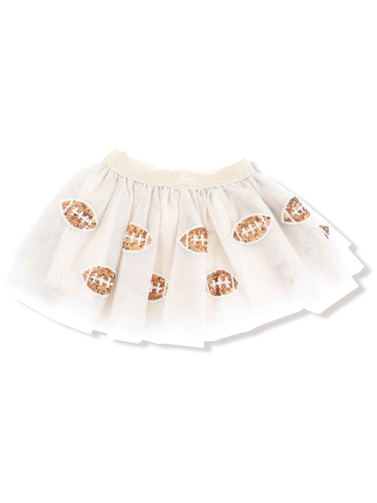 White tulle skirt with sequined football-shaped patterns and a soft waistband. Perfect for festive occasions.