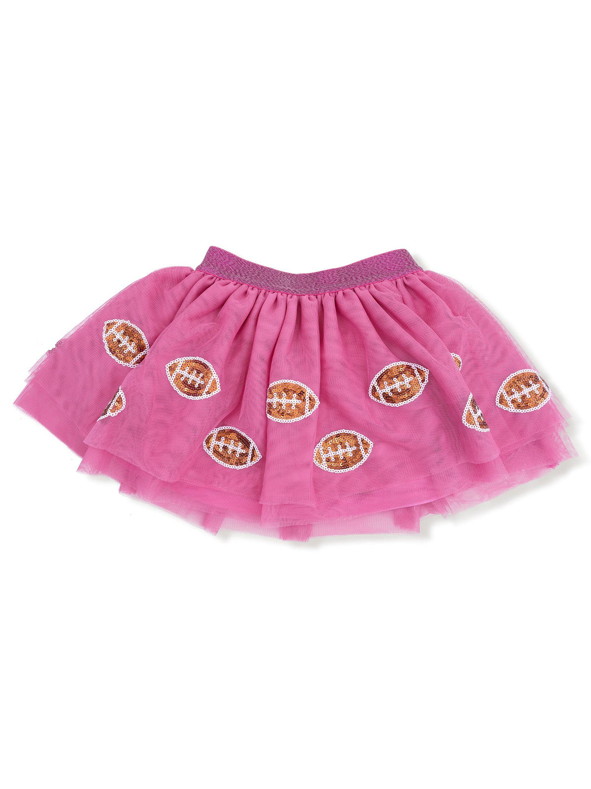 Pink tulle skirt with embroidered football patterns and a matching waistband.