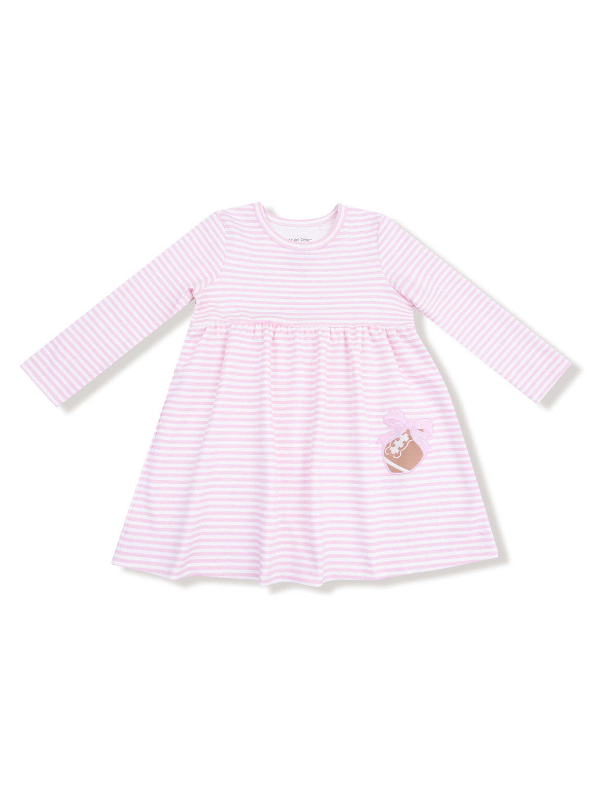 Pink striped long-sleeve dress with a cute dessert patch on the lower side. Perfect for young girls’ casual wear.