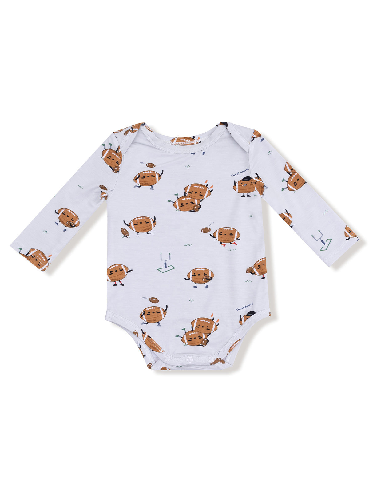 Brown cartoon footballs with faces and colorful accessories on a white onesie. Long sleeves and snap closures.