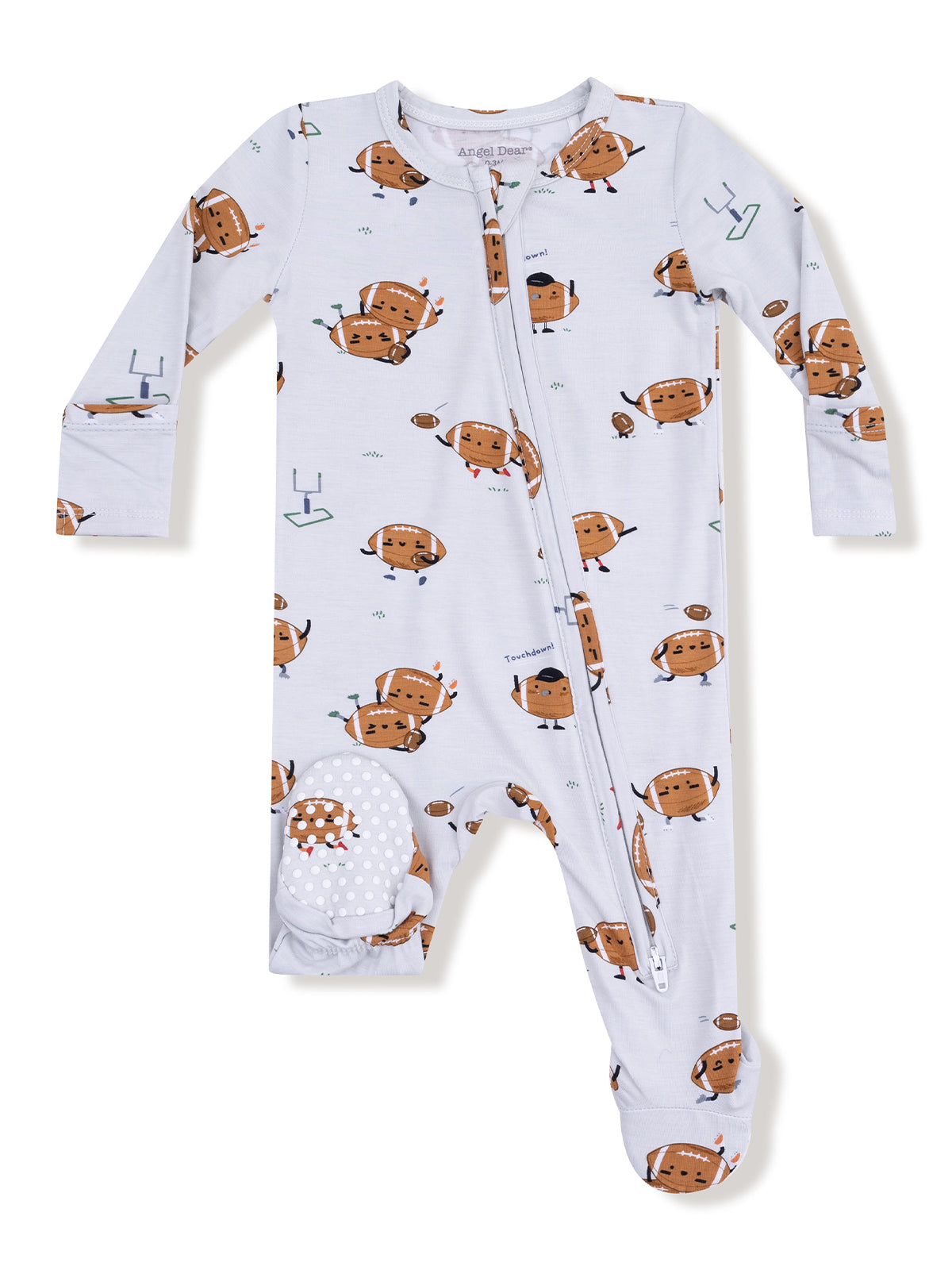 Baby footed onesie with fun football character prints and a front zipper for easy dressing.
