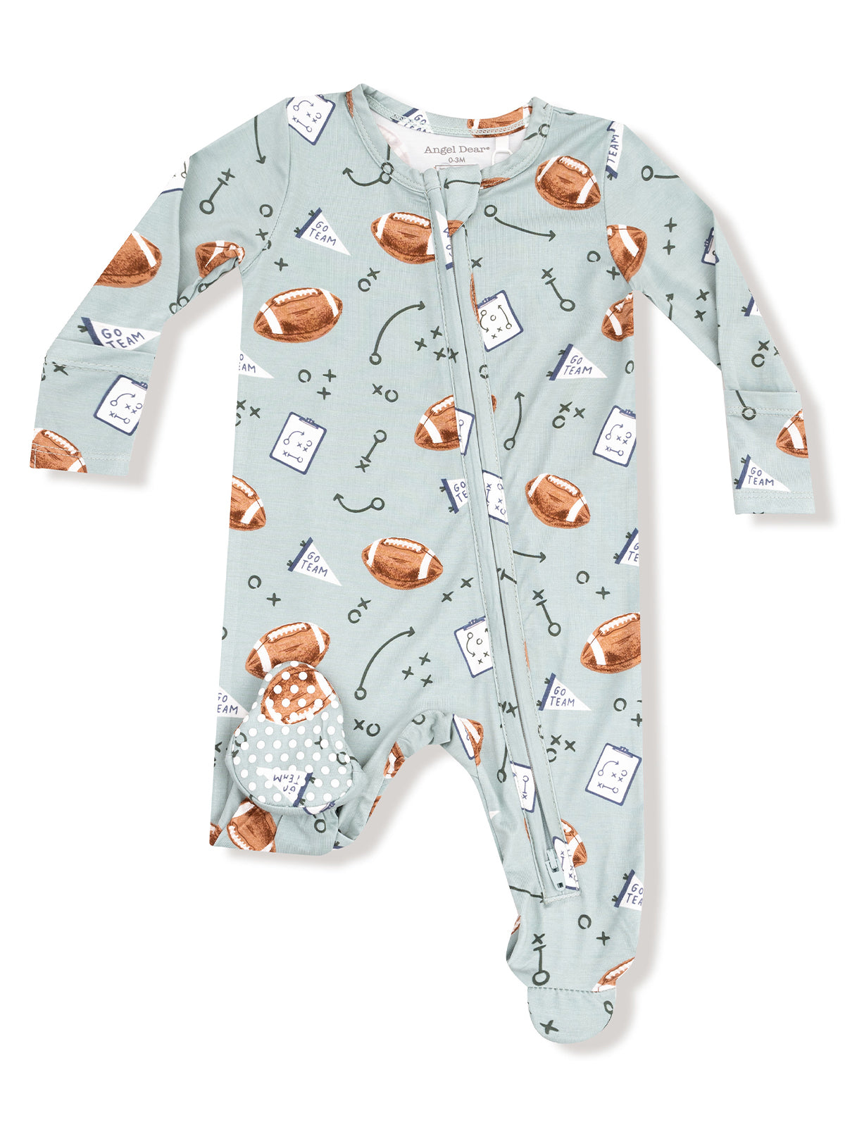 Pajamas for infants featuring a football print on a light blue background with a zip closure and footed design.