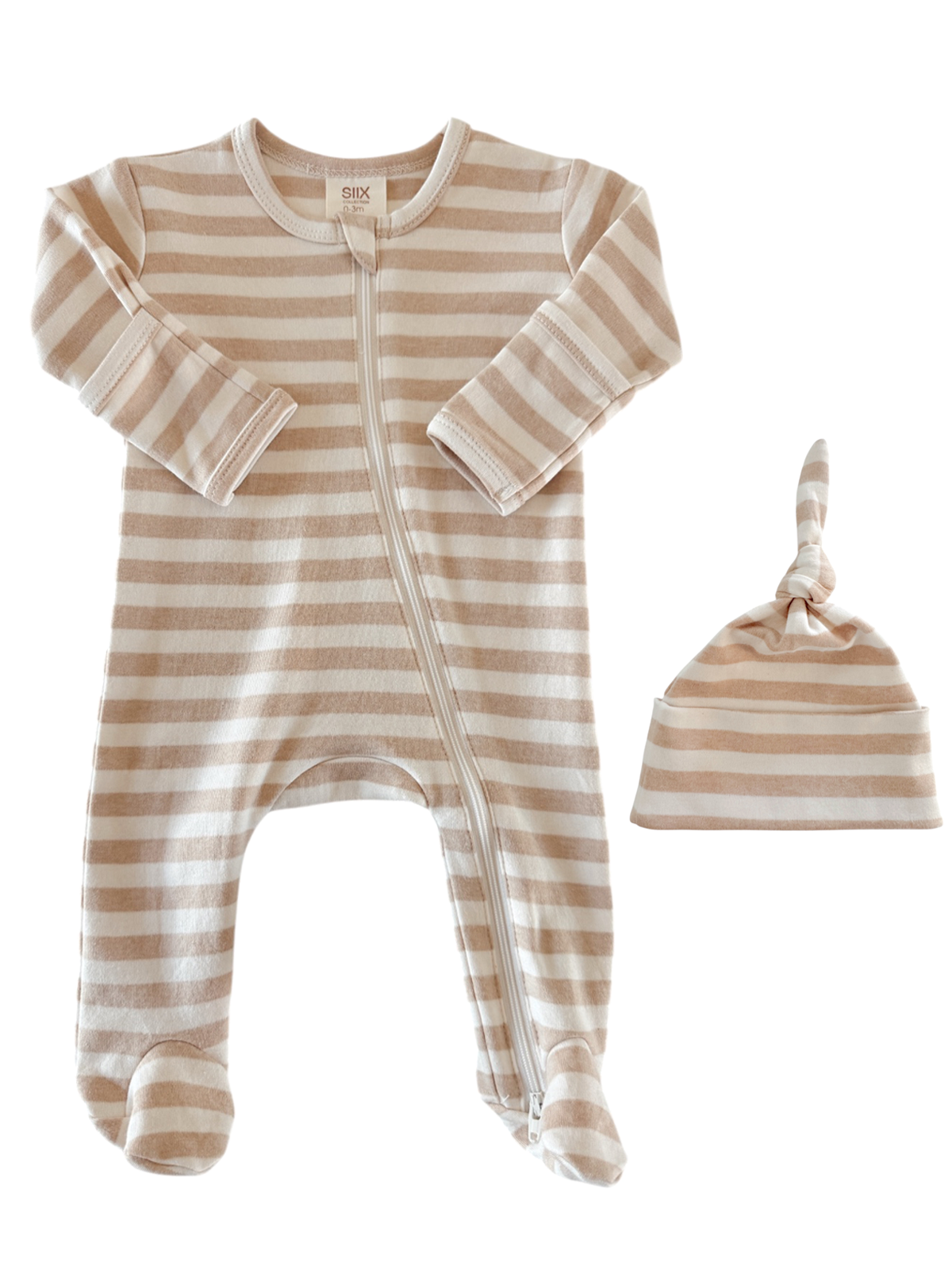 Beige and white striped baby onesie with matching knotted hat. Perfect for infants 0-3 months.