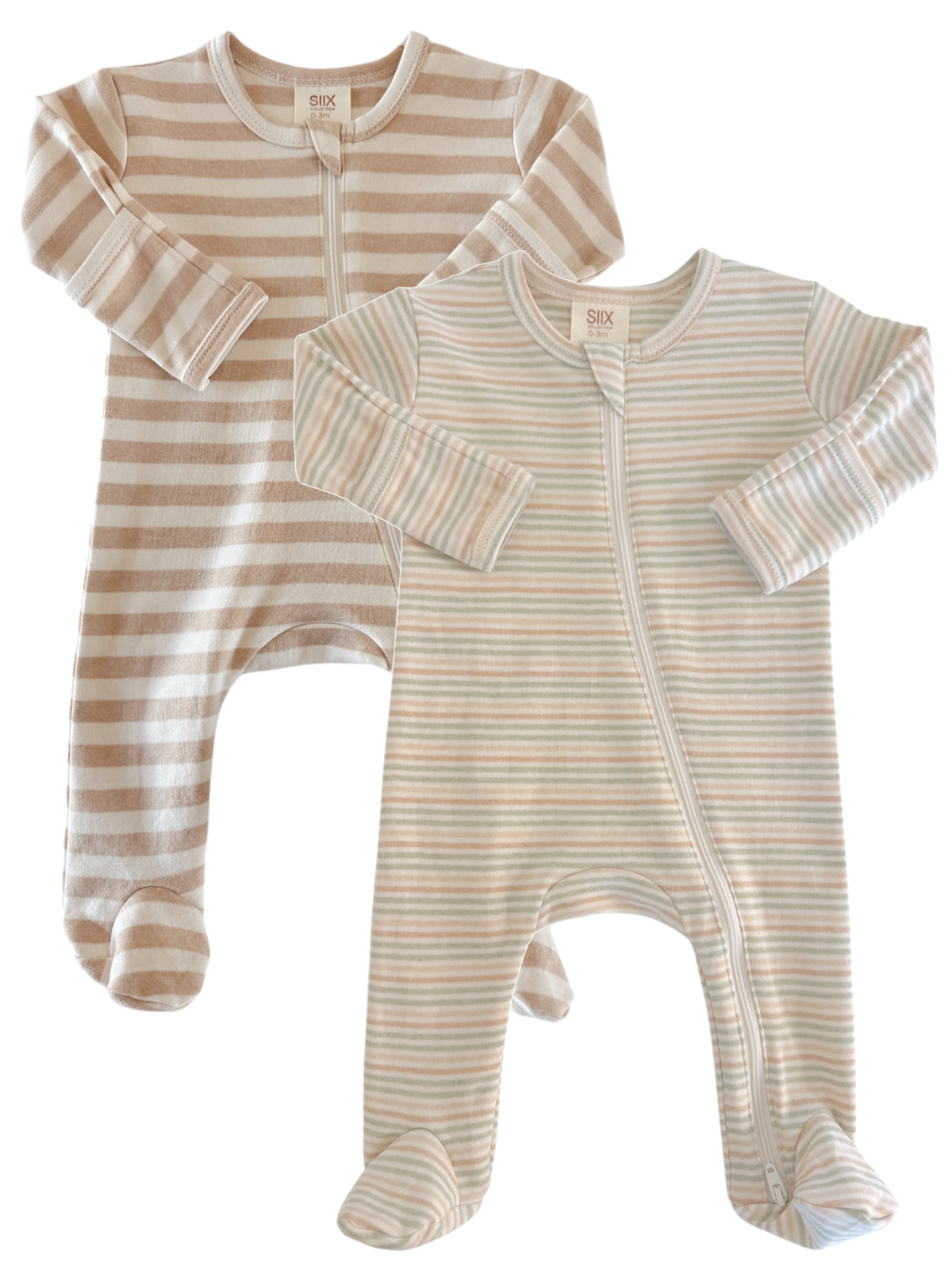 Two striped infant jumpsuits in soft colors, featuring zippers and footed designs for comfort and warmth.