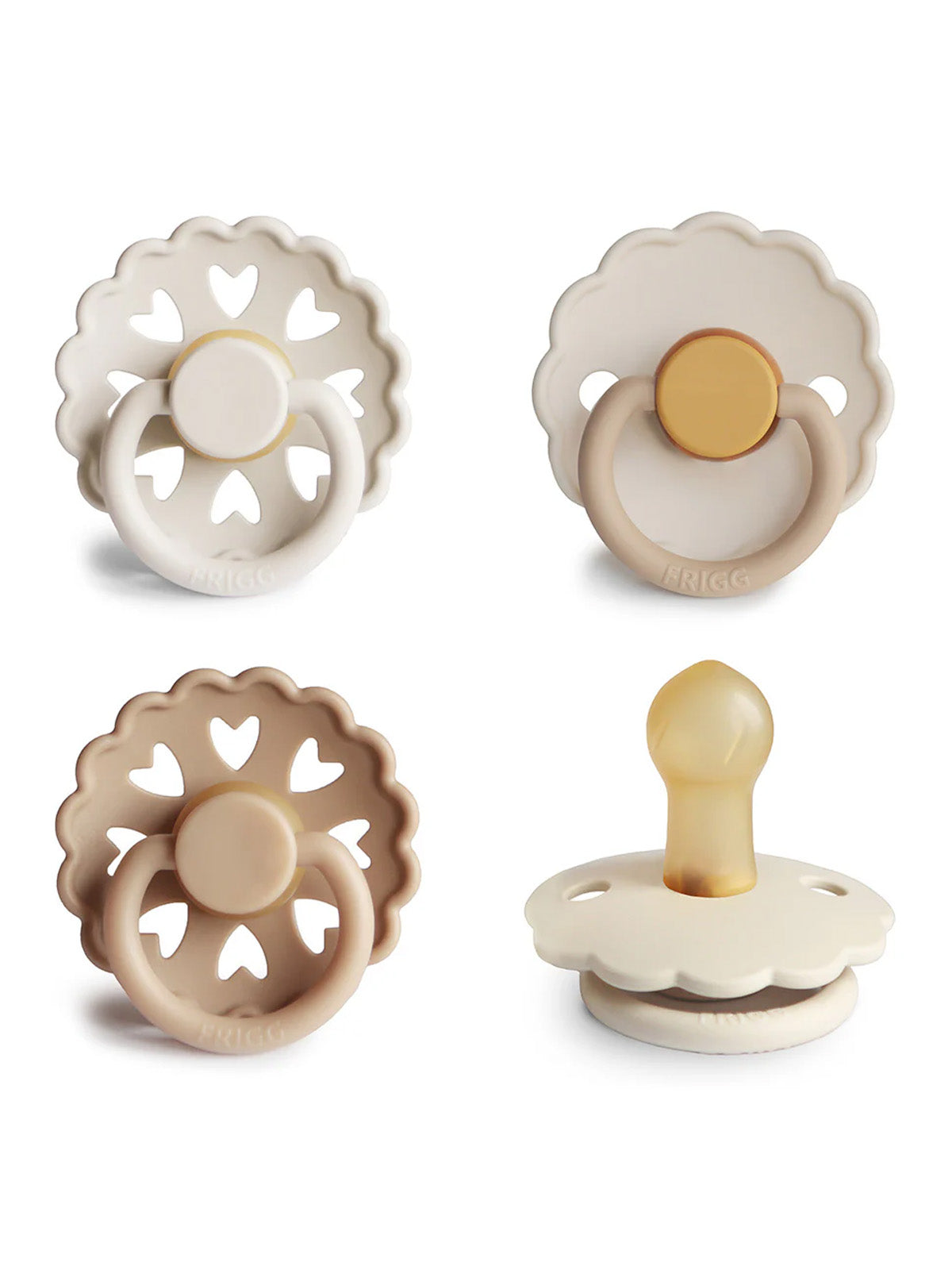Set of four silicone baby pacifiers in neutral colors, featuring heart and flower designs.
