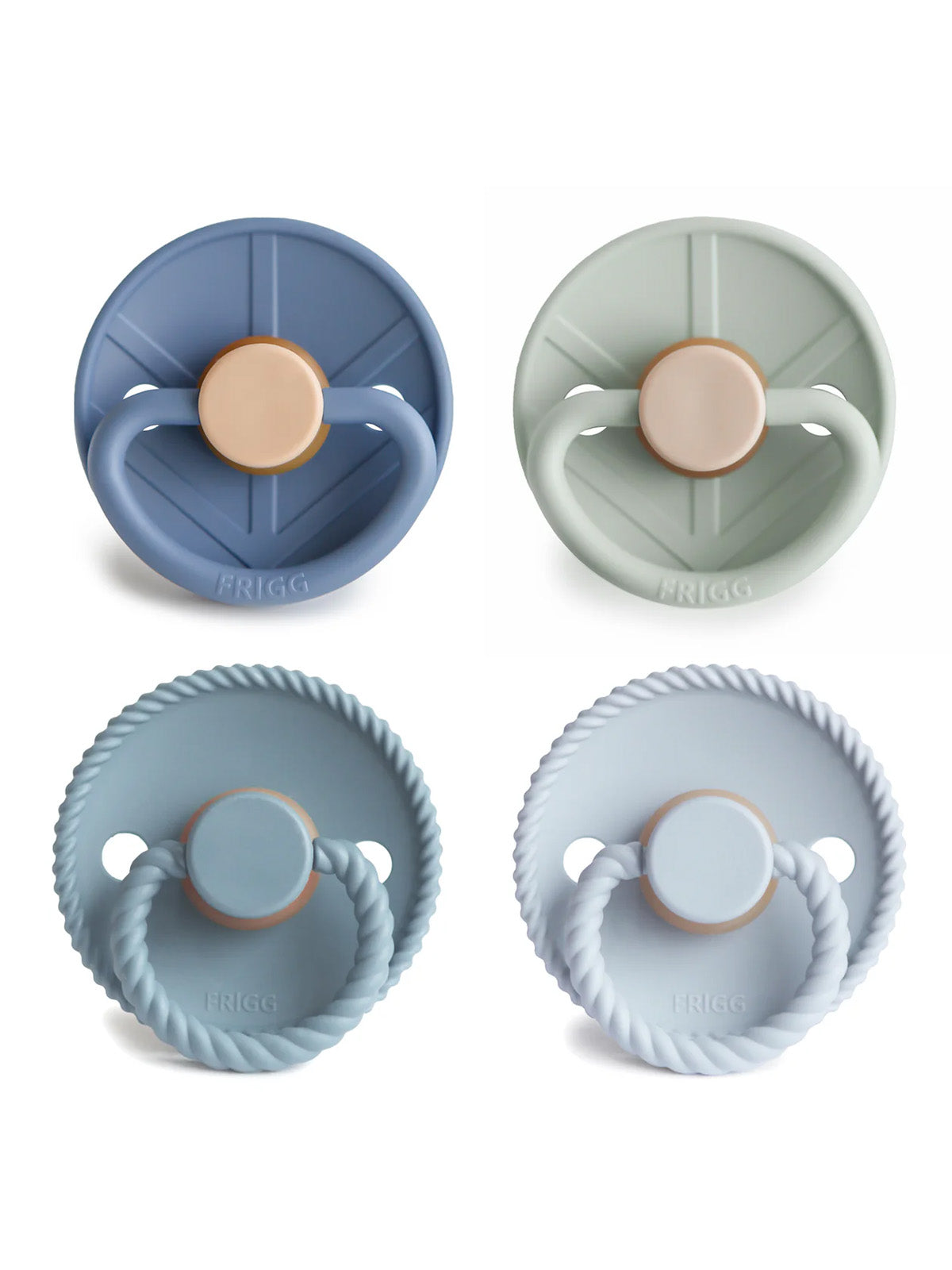 Four silicone pacifiers in blue and green tones, featuring a classic design and easy-to-grip handles.