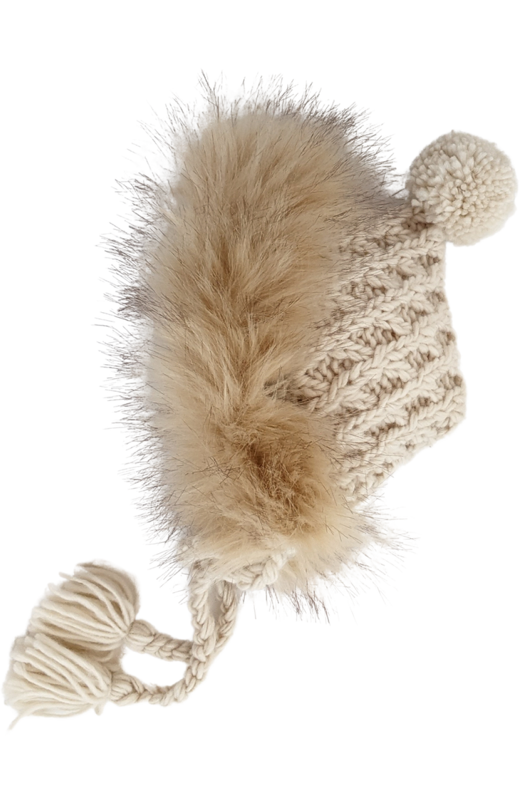 Knitted beige hat with a fluffy pom-pom and tassels, perfect for winter wear.
