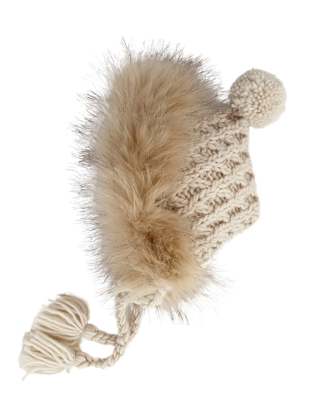 Knitted beige hat with a fluffy pom-pom and tassels, perfect for winter wear.