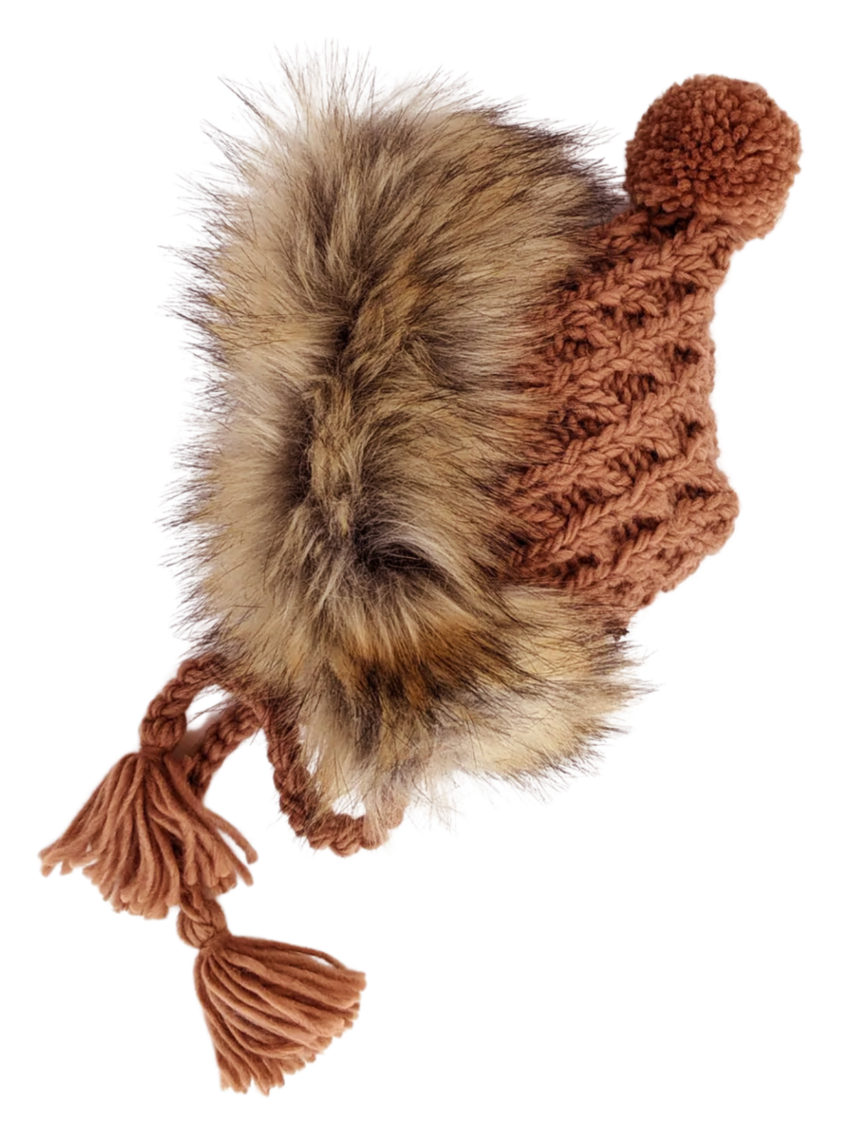 Knitted brown hat with faux fur trim and a pom-pom, featuring tassels on the sides.