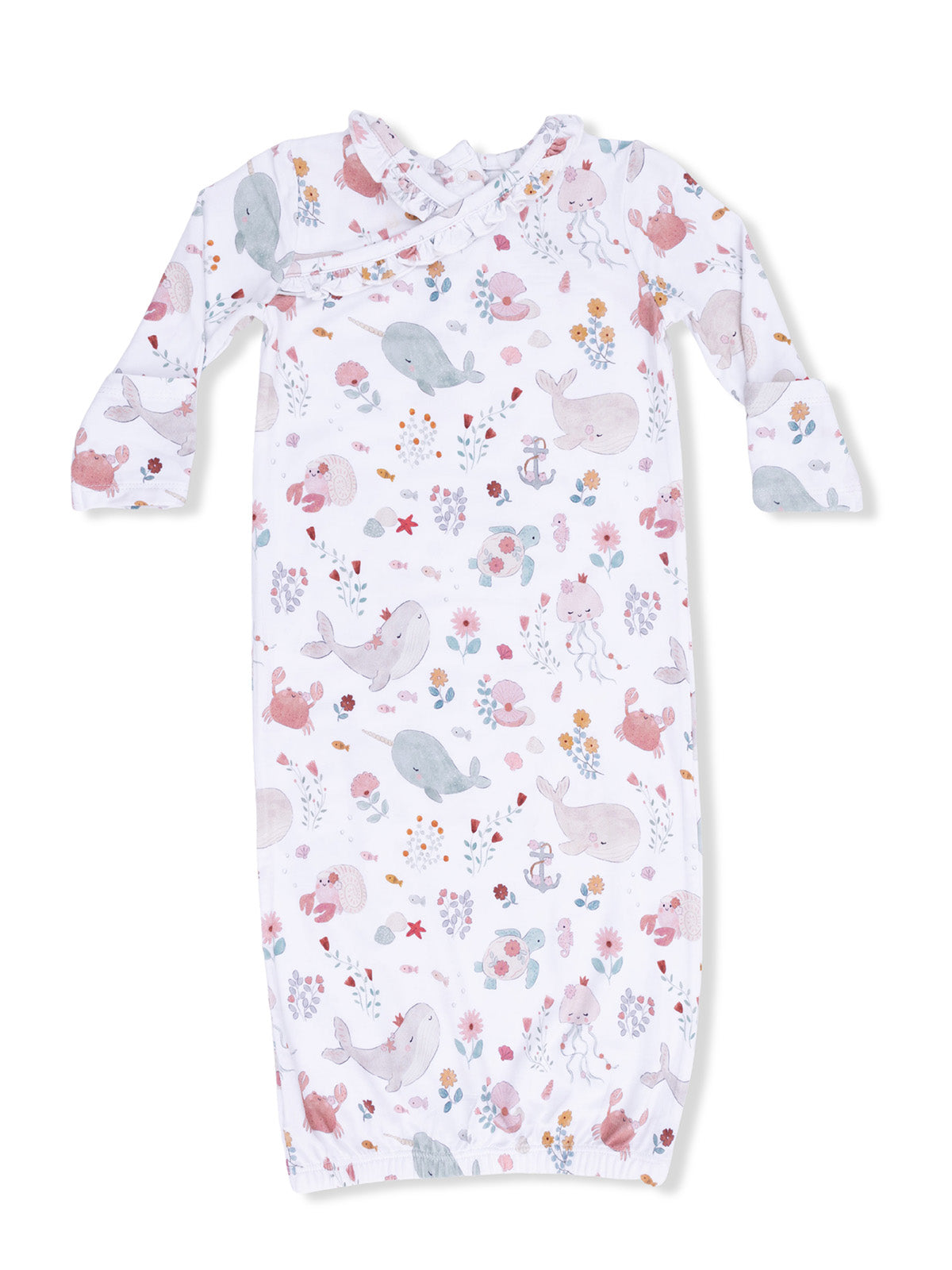 Infant sleep sack featuring a whimsical marine animal pattern in soft pastel colors.