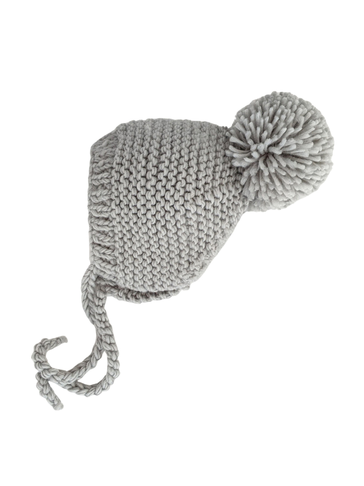 Gray knitted winter hat with a fluffy pom-pom on top and side ties.