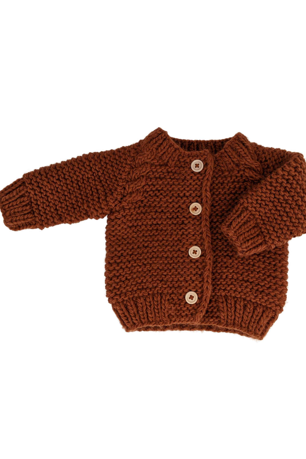 Knitted brown cardigan for infants with wooden buttons and ribbed cuffs, perfect for cozy layers.