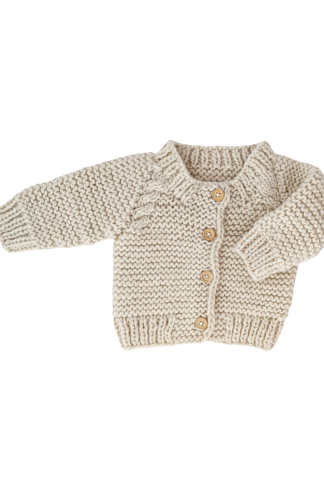 Cream knit baby cardigan with five wooden buttons and ribbed hem. Suitable for infants and toddlers.