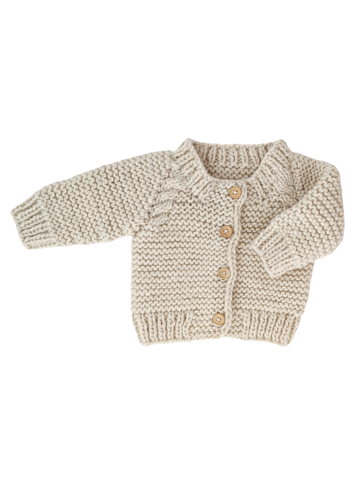 Cream knit baby cardigan with five wooden buttons and ribbed hem. Suitable for infants and toddlers.