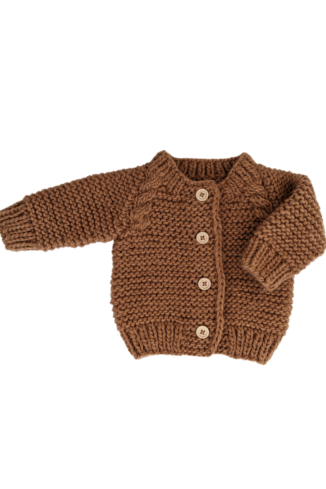 Brown knitted baby cardigan with four button closures and textured patterns on sleeves.