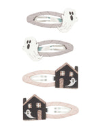 Set of four Halloween-themed hair clips featuring ghosts and a house design.