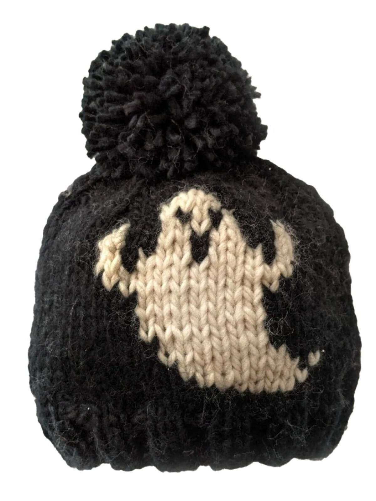 Black knitted beanie with a ghost design and a fluffy pom-pom on top. Ideal for Halloween fashion.