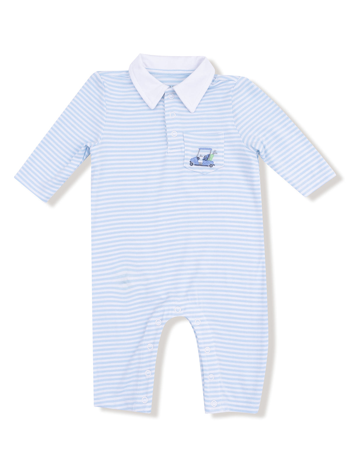 Light blue striped baby romper with a white collar and a pocket featuring a small car design.
