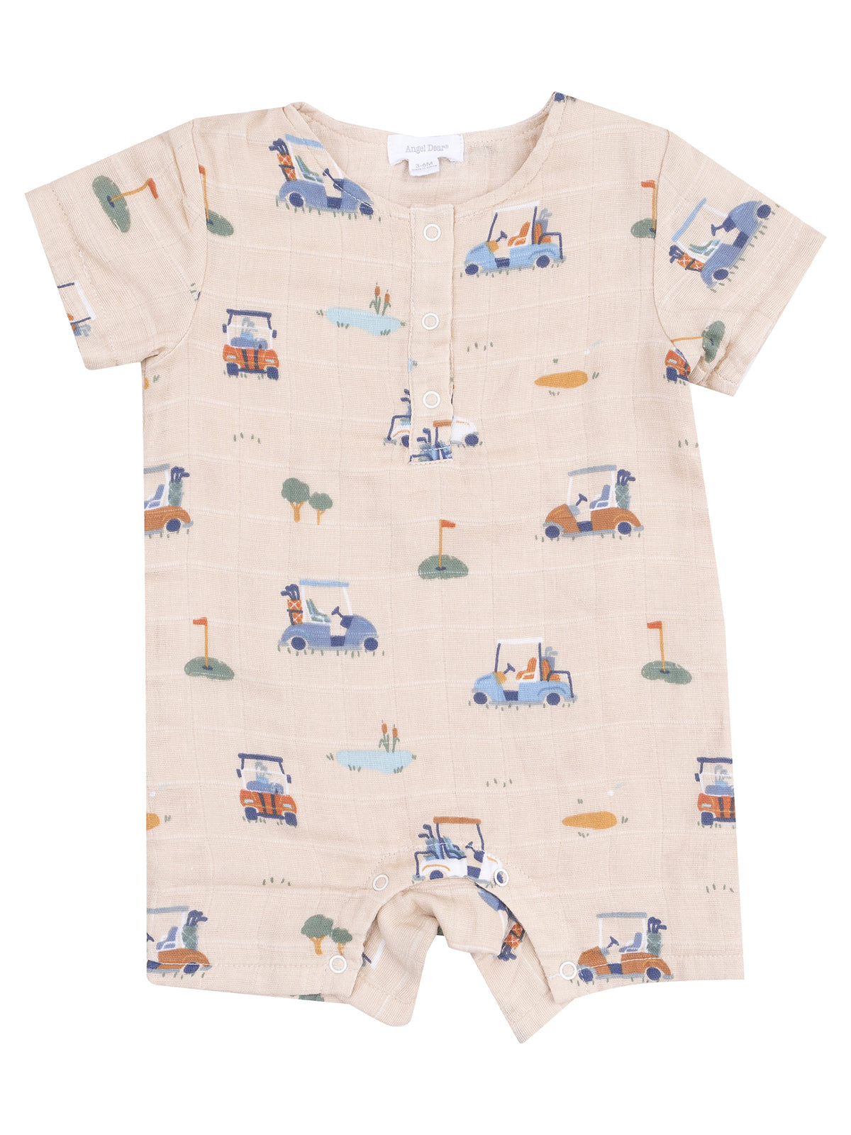 Light beige romper with golf cart pattern, featuring playful designs and snap buttons at the bottom.