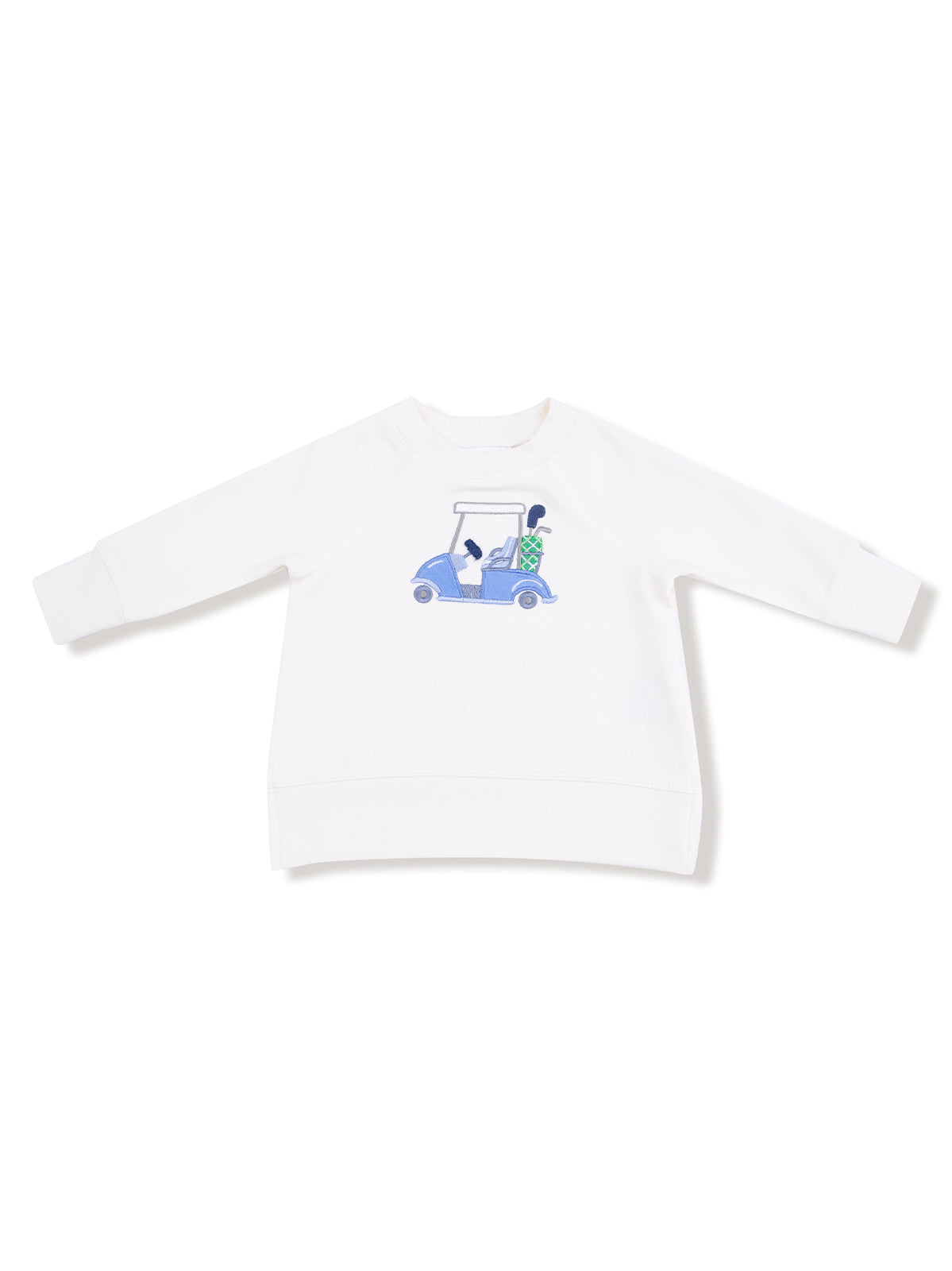 White sweatshirt featuring embroidered golf cart design with golf clubs. Perfect for casual outings or golf enthusiasts.
