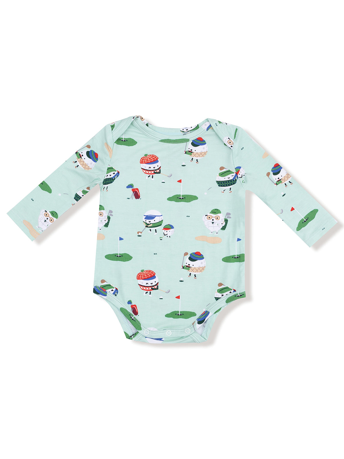 Light blue baby onesie with fun golf-themed prints featuring cute, animated golfing ice cream characters.