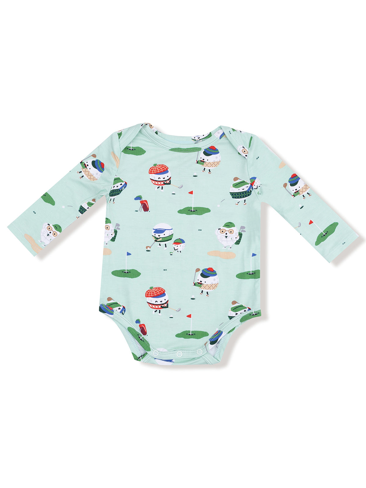 Light blue baby onesie with fun golf-themed prints featuring cute, animated golfing ice cream characters.