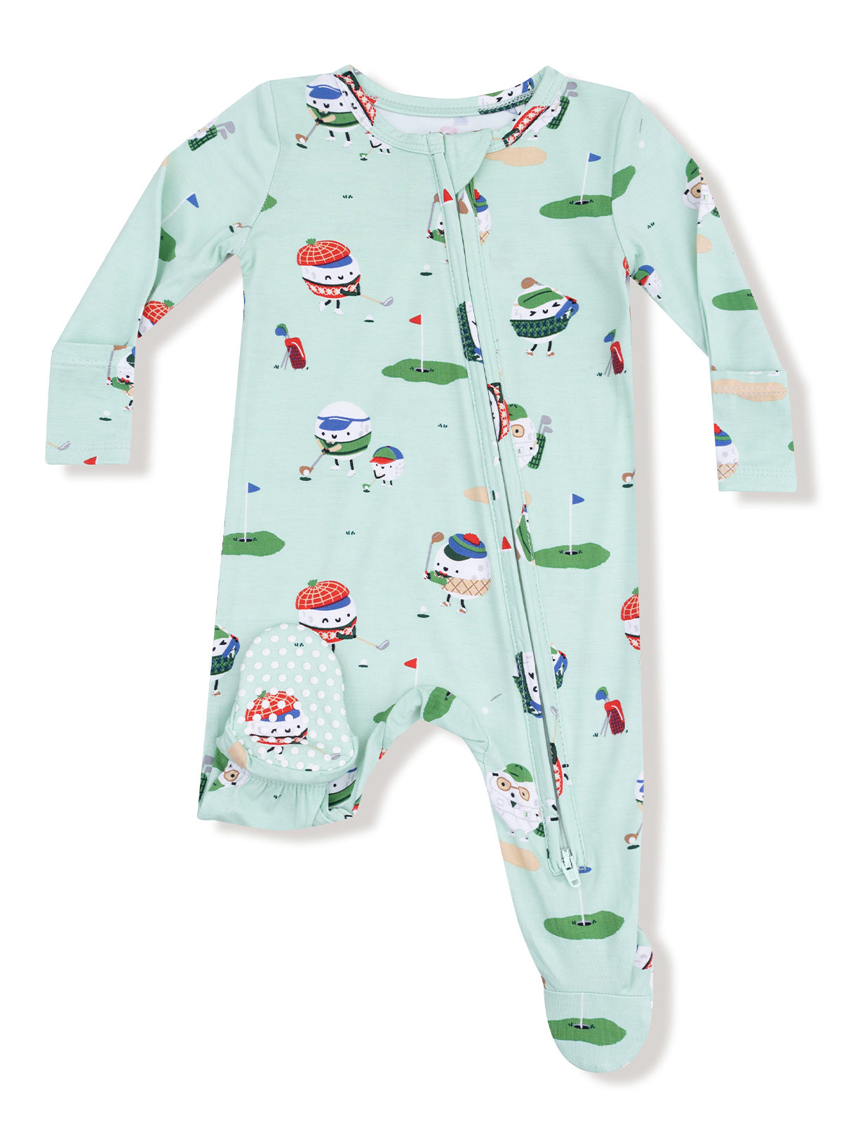 Light blue baby onesie with cute golf-themed sushi illustrations and a front zipper.