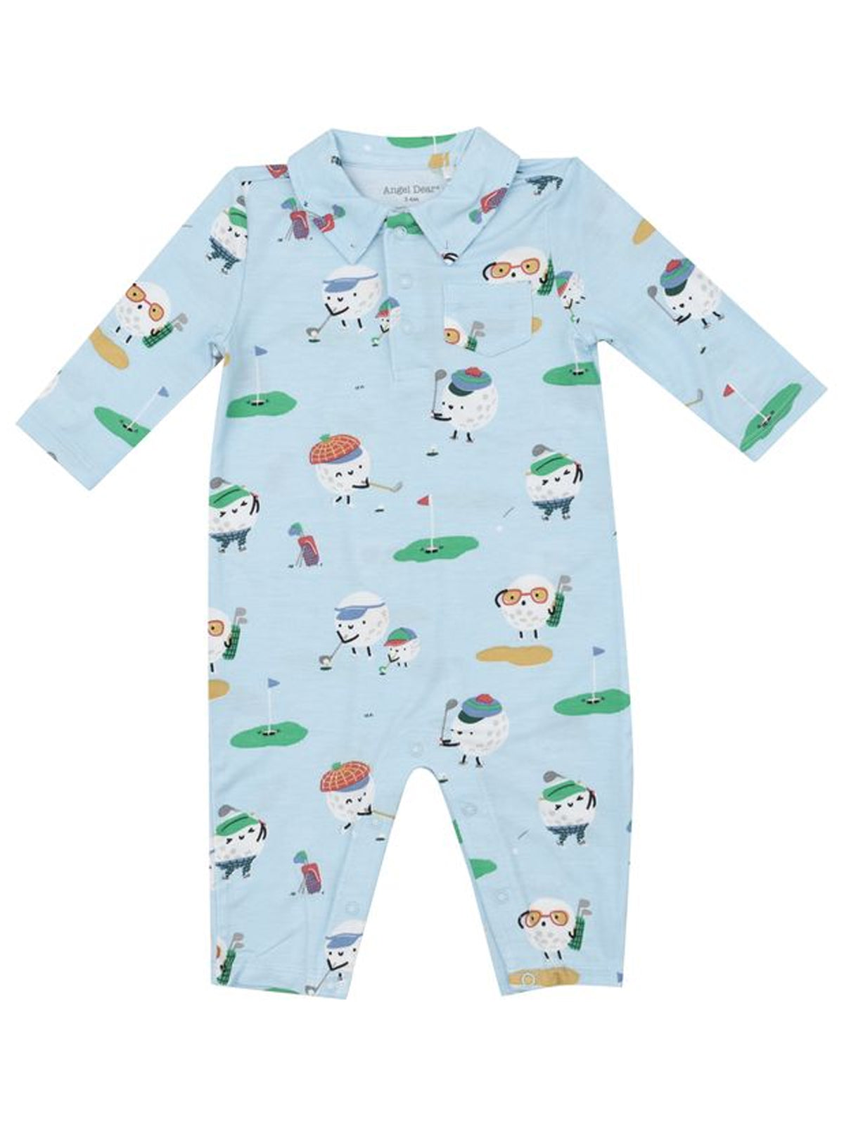 Light blue baby onesie featuring playful golf-themed sheep illustrations. Ideal for casual wear and playtime.