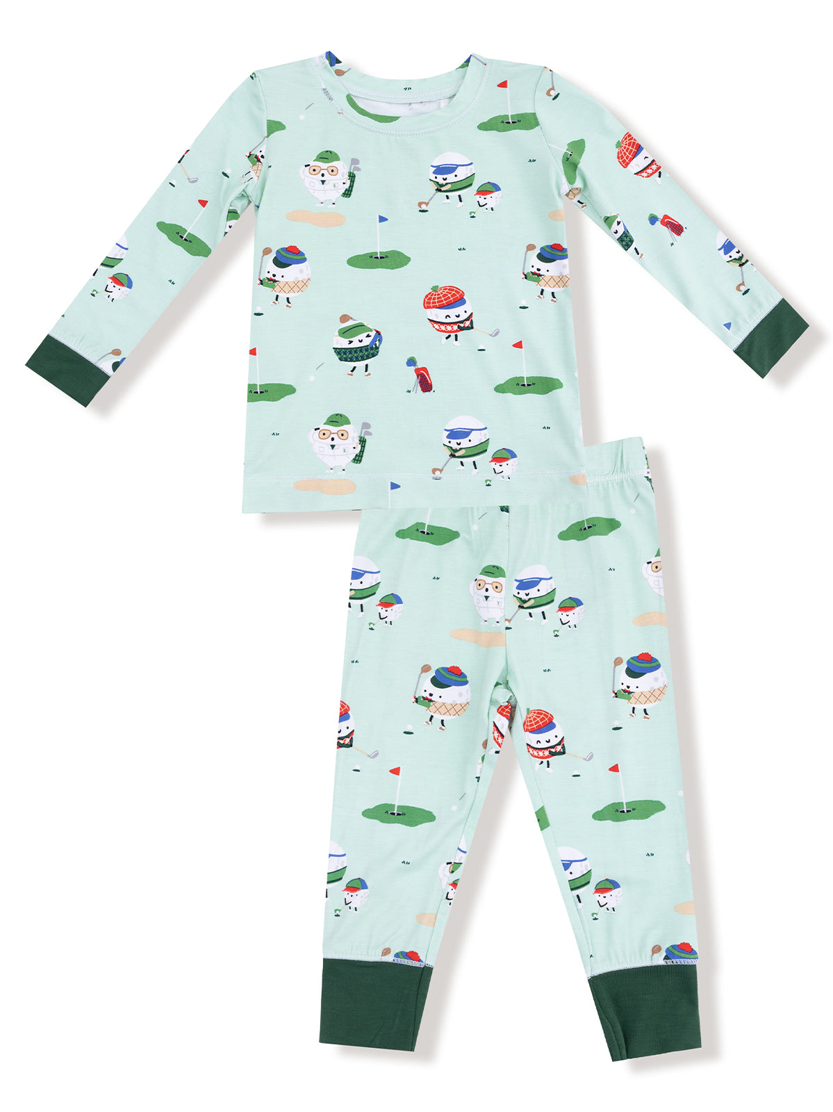 Light blue pajamas featuring playful golf-themed designs with cartoon characters and colorful golf accessories.