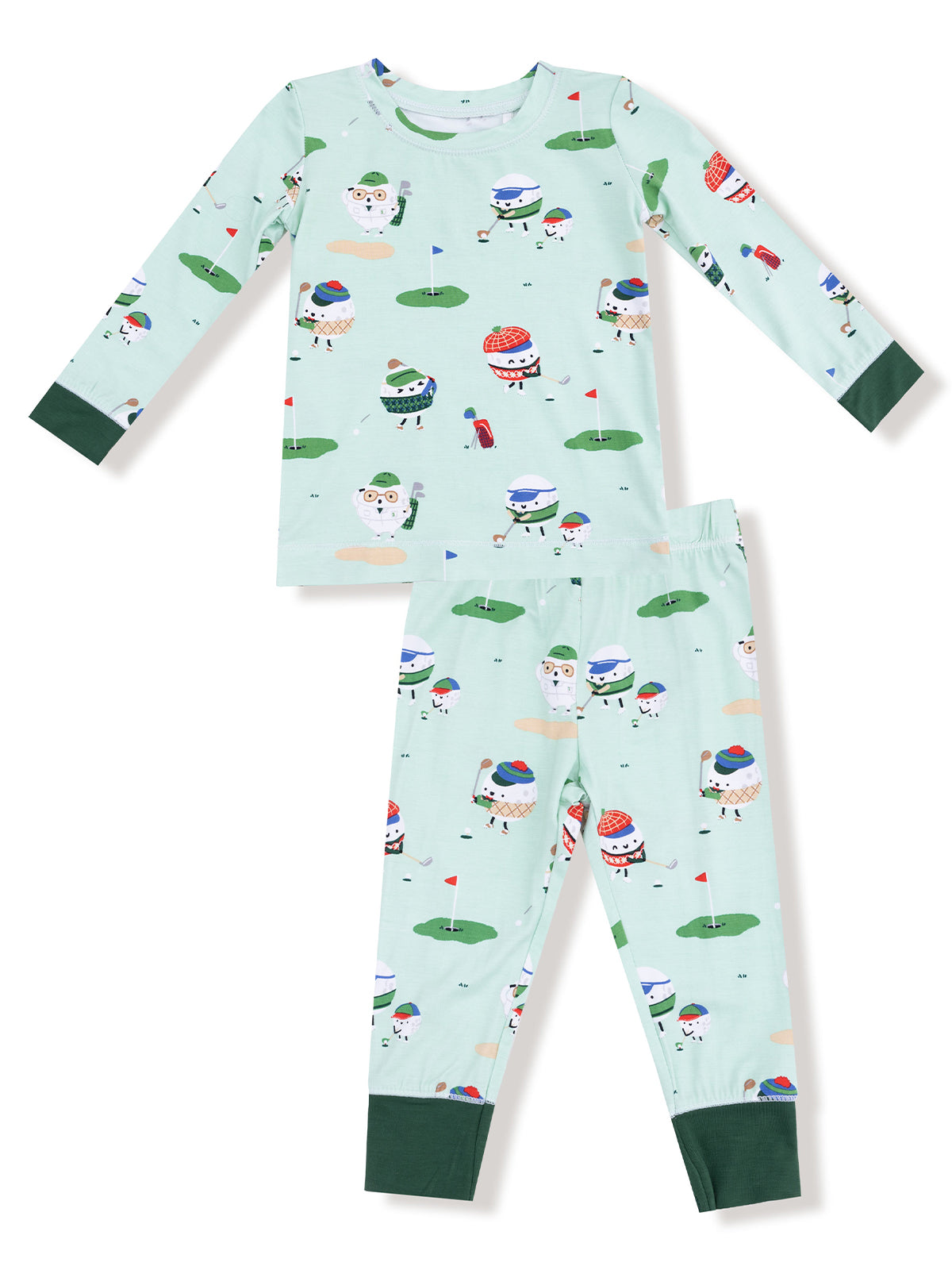 Light blue pajamas featuring playful golf-themed designs with cartoon characters and colorful golf accessories.