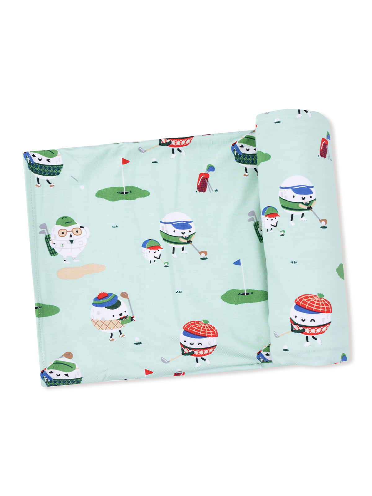 Colorful golf-themed blanket featuring playful characters on a mint green background.