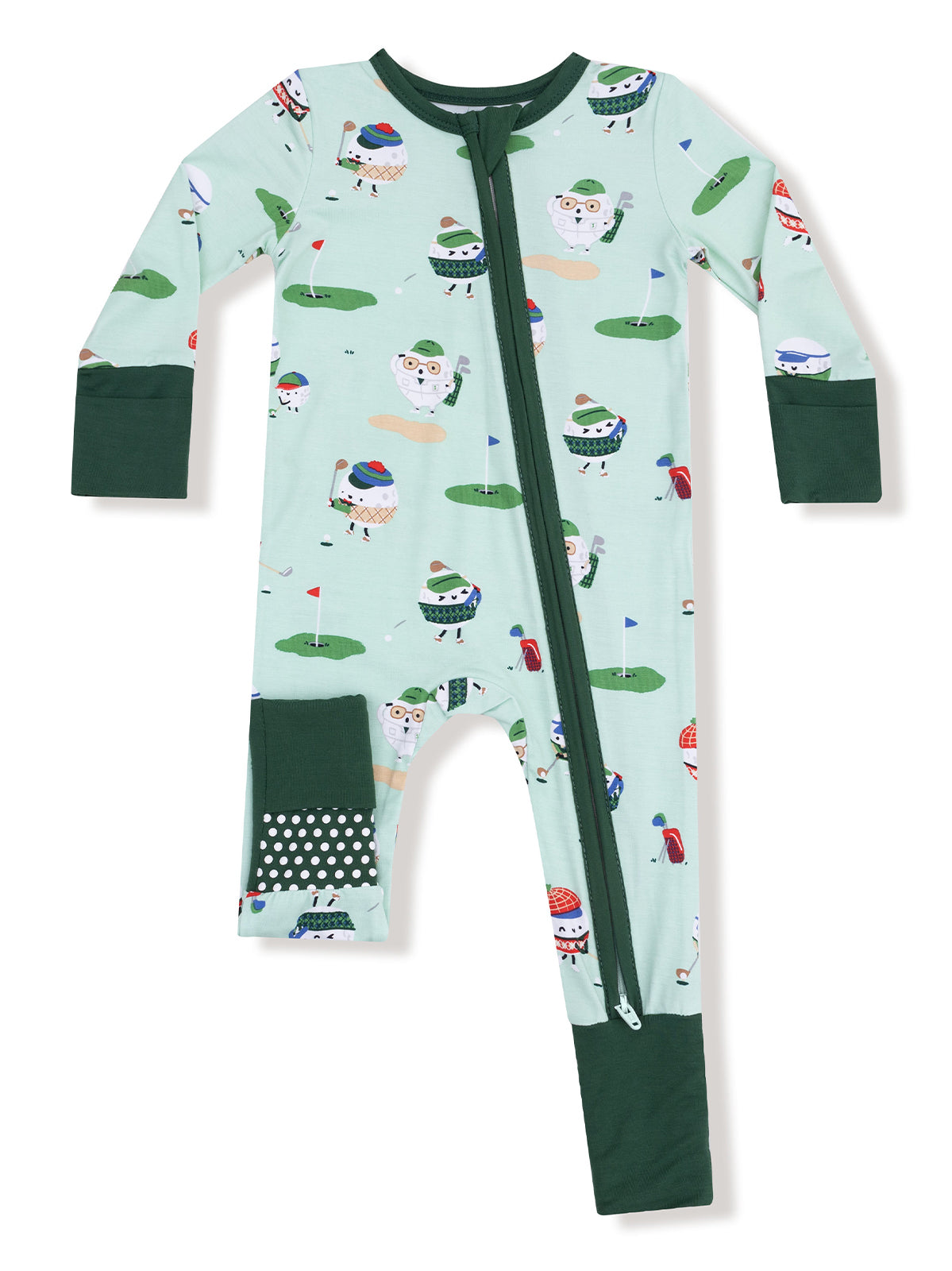 Light blue children's pajama with golf-themed patterns and green accents. Zipper front for easy wear.