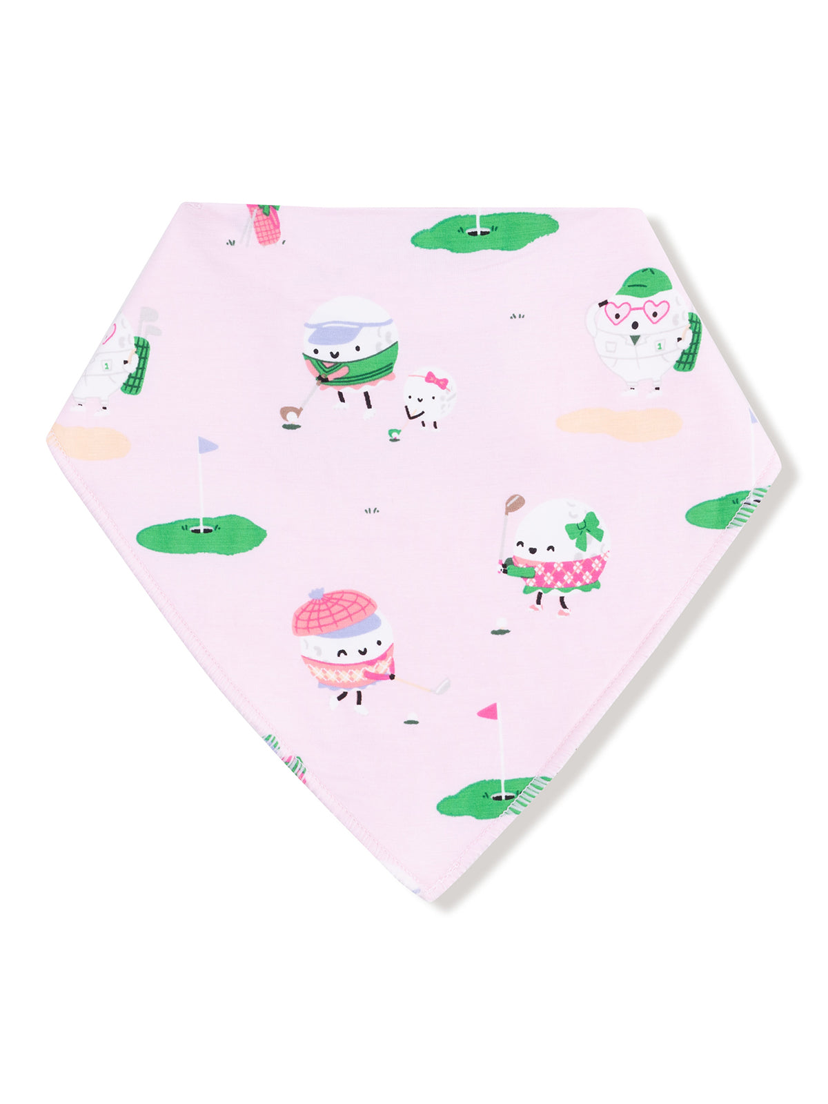 Pink bandana with cute golf-themed illustrations of characters playing golf on green patches.