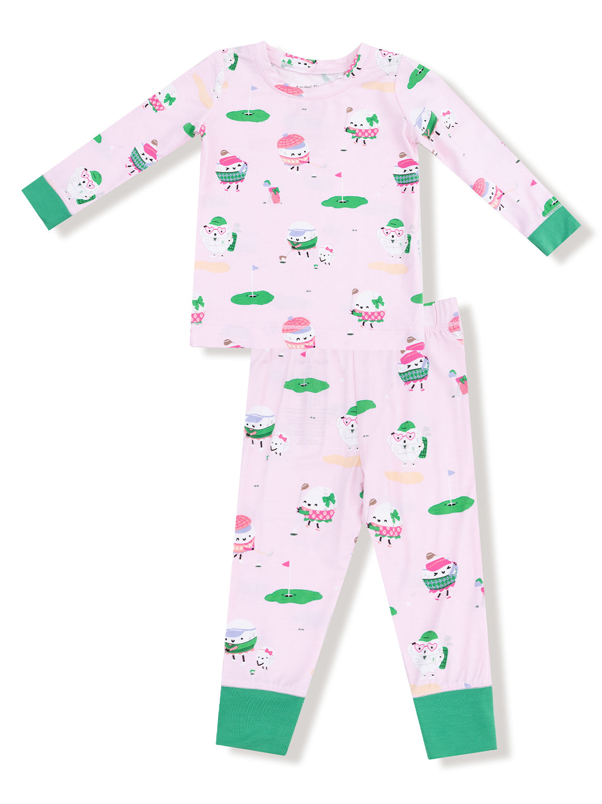Pink children's pajamas with fun ice cream and golf patterns, featuring a long-sleeve top and matching pants.