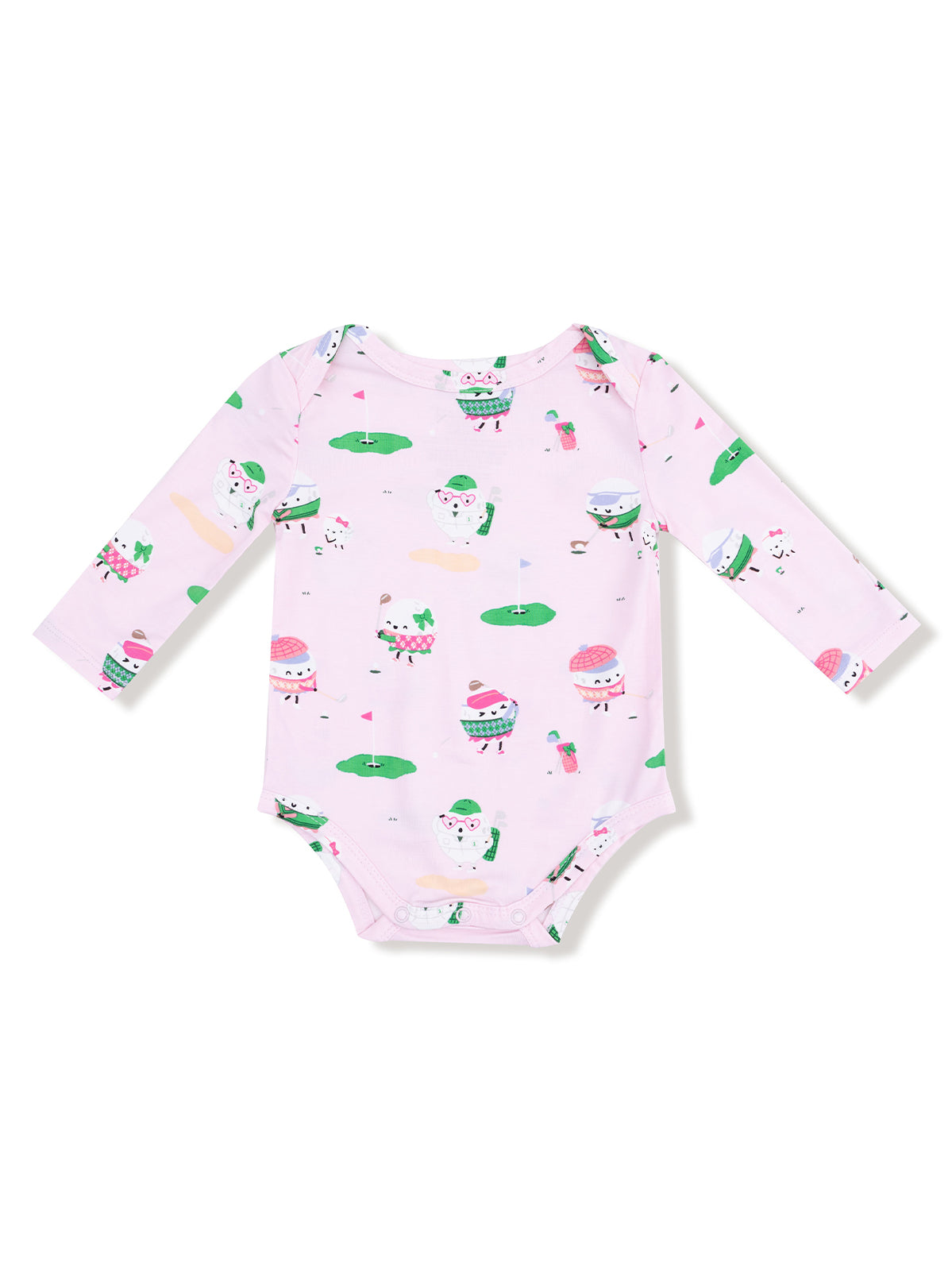 Pink long-sleeve onesie with cartoon ice cream and golf-themed patterns.